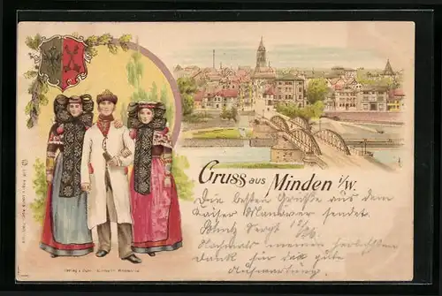 Lithographie Minden i. W., Teilansicht mit Brücke, Westfälische Trachten, Wappen