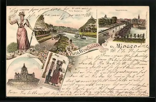 Lithographie Minden i. W., Weserbrücke, Porta Westfalica, Trachtenpaar