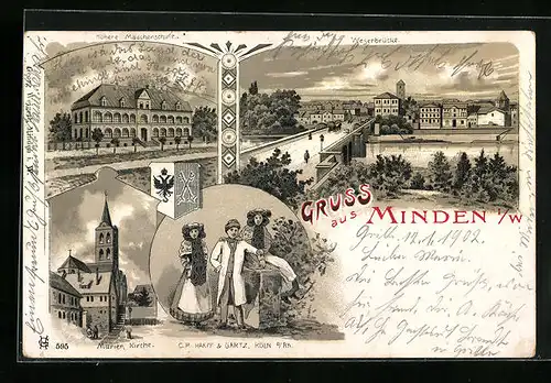 Lithographie Minden i. W., Teilansicht mit Weserbrücke, Marienkirche, Höhere Mädchenschule