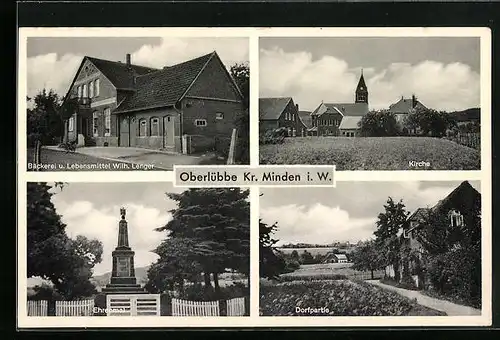 AK Oberlübbe /Kr. Minden i. W., Rewe-Lebensmittellädchen Lenger, Kirche, Dorfpartie, Ehrenmal