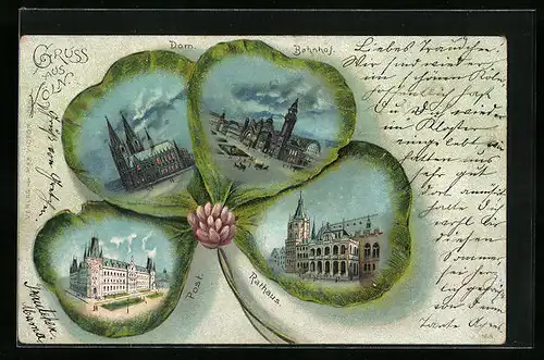 Passepartout-Lithographie Köln, Dom, Bahnhof, Post und Rathaus im Kleeblatt