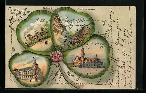 Passepartout-Lithographie Saarbrücken-St. Johann, Eisenbahnstrasse, Bahnhof, Post und Rathaus im Kleeblatt