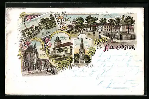 Lithographie Neumünster, Mühlenteich, Markt, Kleinflecken mit Kriegerdenkmal