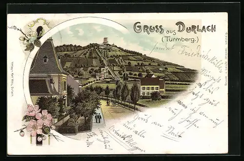 Lithographie Durlach, Turmberg mit Strasse und Umgebung