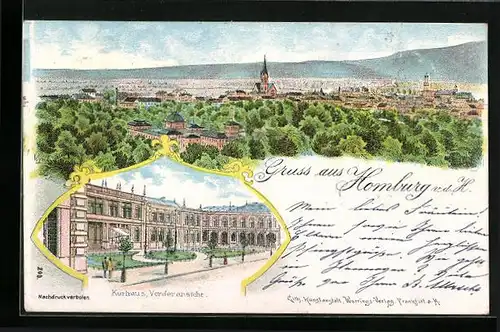 Lithographie Homburg, Panorama der Stadt aus der Vogelschau, Kurhaus mit Anlagen und Strasse