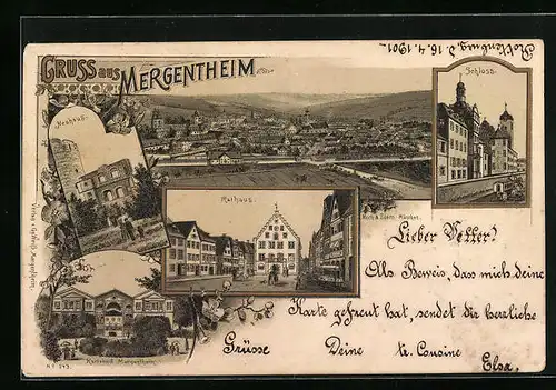 Lithographie Mergentheim, Ortsansicht aus der Vogelschau, Rathaus, Karlsbad