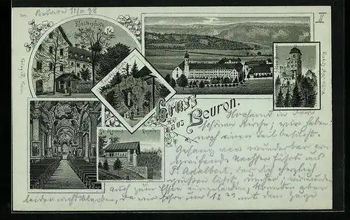 Mondschein-AK Beuron, Klosterpforte, Kapelle St, Maurus, Schloss Bronnen