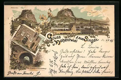 Lithographie Singen, Panorama mit Bahnhof und Hohentwiel, Eingang zum Fürstenhof