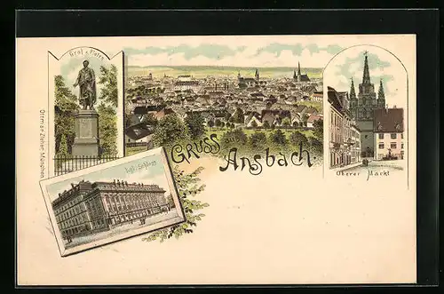 Lithographie Ansbach, Ortsansicht aus der Vogelschau, Oberer Markt, Schloss, Denkmal Graf von Platen