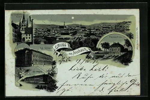 Mondschein-AK Ansbach, Totalansicht, St. Lambertus Kirche, Kgl. Orangerie, Kgl. Schloss, Prinzenschloss