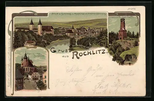 Lithographie Rochlitz, Blick auf Schloss und Rochlitz, Partie mit Petrikirche und Schloss