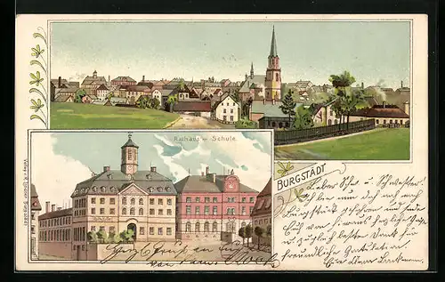 Lithographie Burgstädt, Panorama der Stadt, Rathaus mit Schule