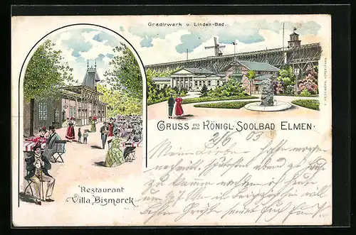 Lithographie Elmen, Gradirwerk und Linden-Bad, Restaurant Villa Bismarck - Gartenansicht