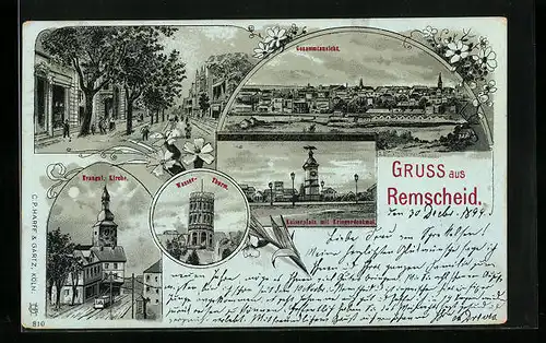 Mondschein-Lithographie Remscheid, Gesamtansicht, Evangelische Kirche, Kaiserplatz mit Kriegerdenkmal