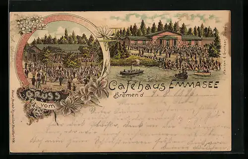 Lithographie Bremen, Caféhaus Emmasee mit Ruderpartie