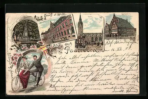 Lithographie Paderborn, Dom, Rathaus, Post, Kriegerdenkmal