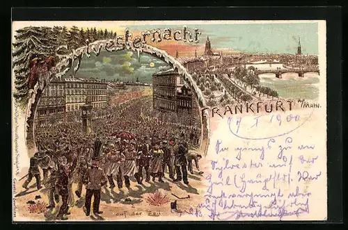 Winter-Lithographie Frankfurt /Main, Zeil mit Menschenmenge und winterliche Ortsansicht