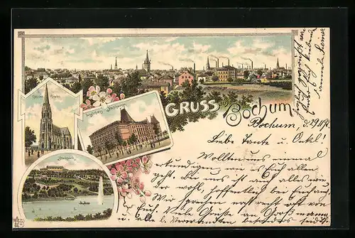 Lithographie Bochum, Ortsansicht, Christuskirche, Stadtpark