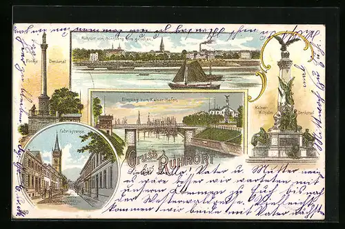 Lithographie Ruhrort, Finke-Denkmal, Fabrikstrasse, Eingang zum Kaiser-Hafen