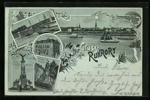 Mondschein-Lithographie Ruhrort, Postamt, Kriegerdenkmal, Kaiserdenkmal