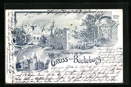 Lithographie Bückeburg, Schloss, Schlossportal, Neues Palais
