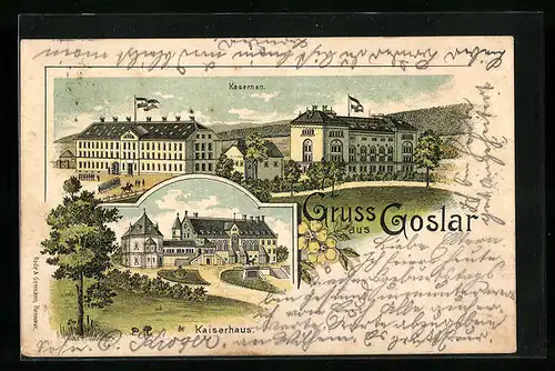 Lithographie Goslar, Kasernen und Kaiserhaus