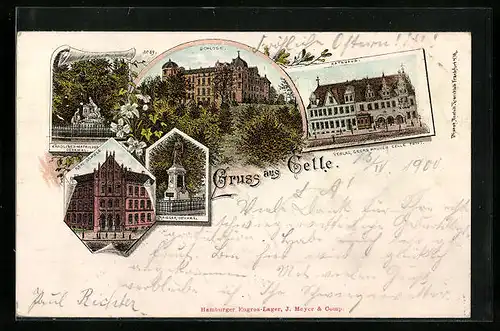 Lithographie Celle, Schloss, Rathaus, Krieger-Denkmal