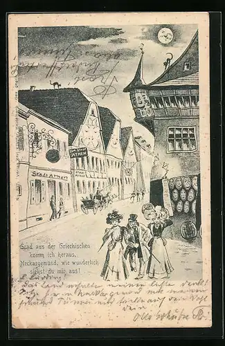 AK Neckargemünd, Strassenzug mit Gaststätte zur Stadt Athen aus der Sicht eines Betrunkenen