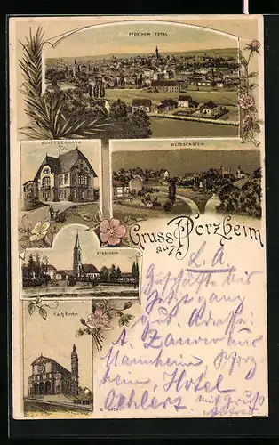 Lithographie Pforzheim, Schützenhaus, Kath. Kirche, Weissenstein
