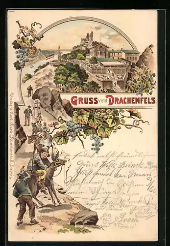 Lithographie Drachenfels, Stadtansicht mit Reitern