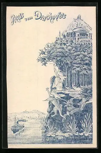 Lithographie Drachenfels, Weinhandlung Hotel auf dem Drachenfels