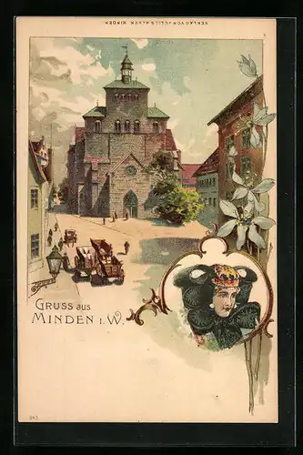 Lithographie Minden i. W., Stadtansicht mit Kirche