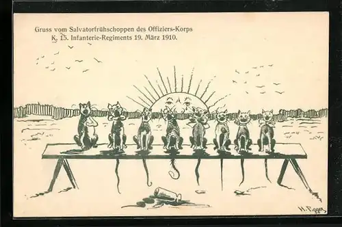 Künstler-AK Salvatorfrühschoppen des Offizier-Korps K. 15. Inf.-Rgt. 1910 - Katzenjammer (Karikatur)