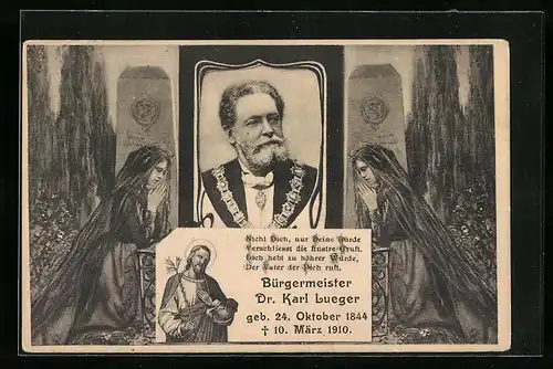 Künstler-AK Trauerkarte für Bürgermeister Carl Lueger - Betende Frauen am Grab, Portrait