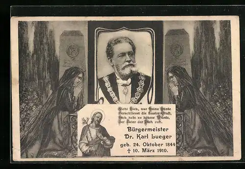 Künstler-AK Trauerkarte für Bürgermeister Carl Lueger mit betenden Frauen am Grab und Portrait