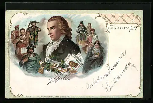 AK Porträt Friedrich Schiller mit Figuren aus seinen Dramen