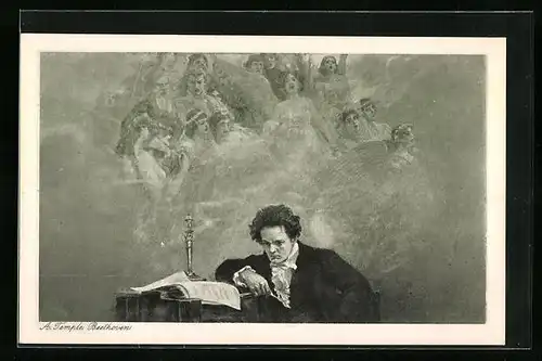 AK Beethoven am Schreibtisch mit himmlischem Chor