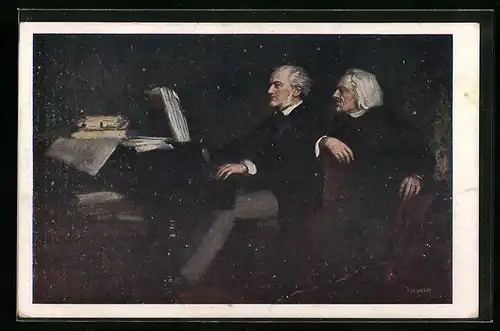AK Friedrich Liszt und Richard Wagner am Klavier
