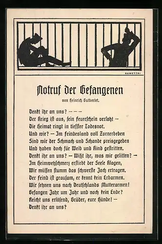 Künstler-AK Notruf der Gefangenen - Gedicht, Gefangene hinter Gitter