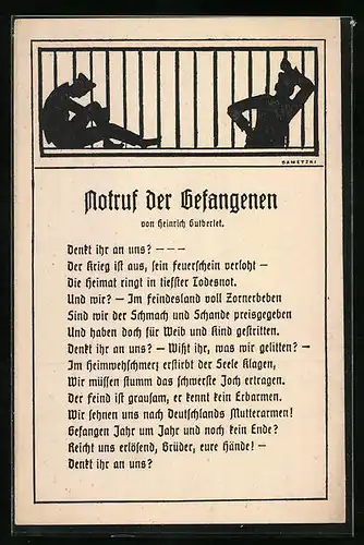Künstler-AK Notruf der Gefangenen - Gedicht und Gefangene hinter Gitter