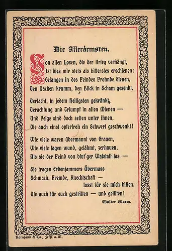 Künstler-AK Gedicht Die Allerärmsten, umrandet von Eichenlaub