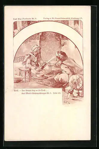 Künstler-AK Karl May`s Reiseerzählungen, Bd. I, Seite 525, Der Stöpsel flog an die Decke