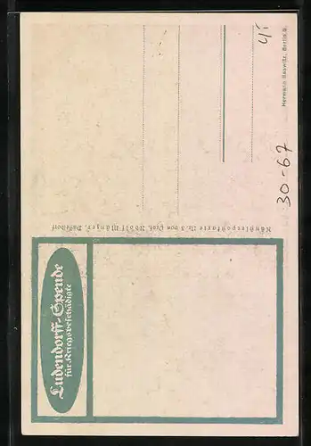 Künstler-AK Ludendorff-Spende für Kriegsbeschädigte, Kriegshilfe, Arbeiter mit Engel