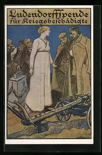 Künstler-AK Ludendorff-Spende für Kriegsbeschädigte, Kriegshilfe, Arbeiter mit Pflug
