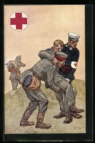 Künstler-AK Verwundeter Soldat in der Schlacht, Rotes Kreuz
