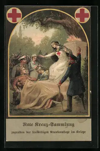 Künstler-AK Verwundeter Soldat, Rotes Kreuz