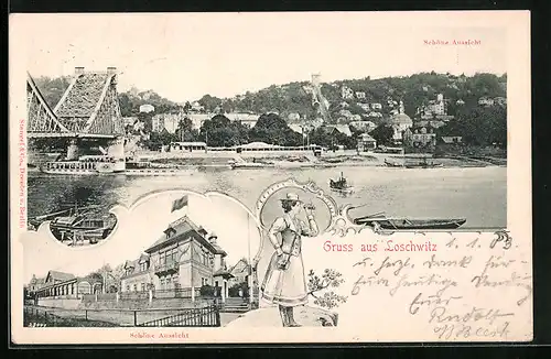 Künstler-AK Dresden-Loschwitz, Teilansicht mit Brücke, Gasthaus Schöne Aussicht, Touristin mit Fernglas