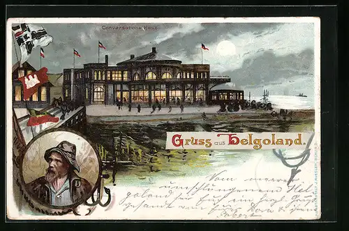 Mondschein-Lithographie Helgoland, Conversationshaus mit Brücke vom Meer gesehen, Helgoländer im Südwester