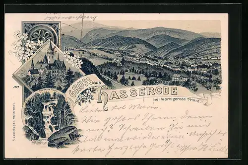 Lithographie Hasserode /Harz, Ortsansicht aus der Vogelschau, Schloss Wernigerode, Steinerne Renne