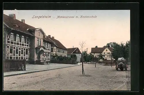 AK Langelsheim, Partie an der Mühlenstrasse mit Knabenschule und Fuhrwerk